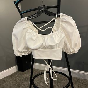 Zara lace up back white puff sleeve top size S